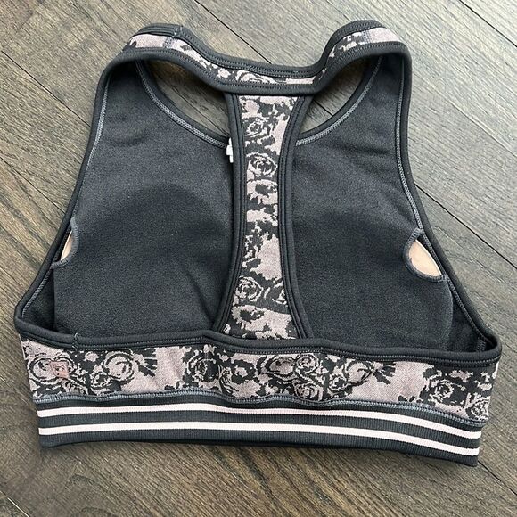 FABLETICS BRYNN Gray & Pink Floral High Neck Halter Style T-Back Sports Bra - Picture 4 of 6